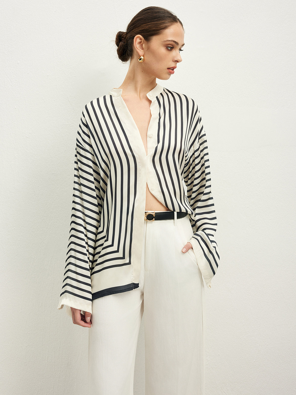 Striped satin blouse with wide sleeves side profile