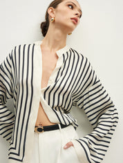 Striped satin blouse with wide sleeves close-up front