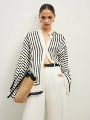 Striped satin blouse with wide sleeves front view