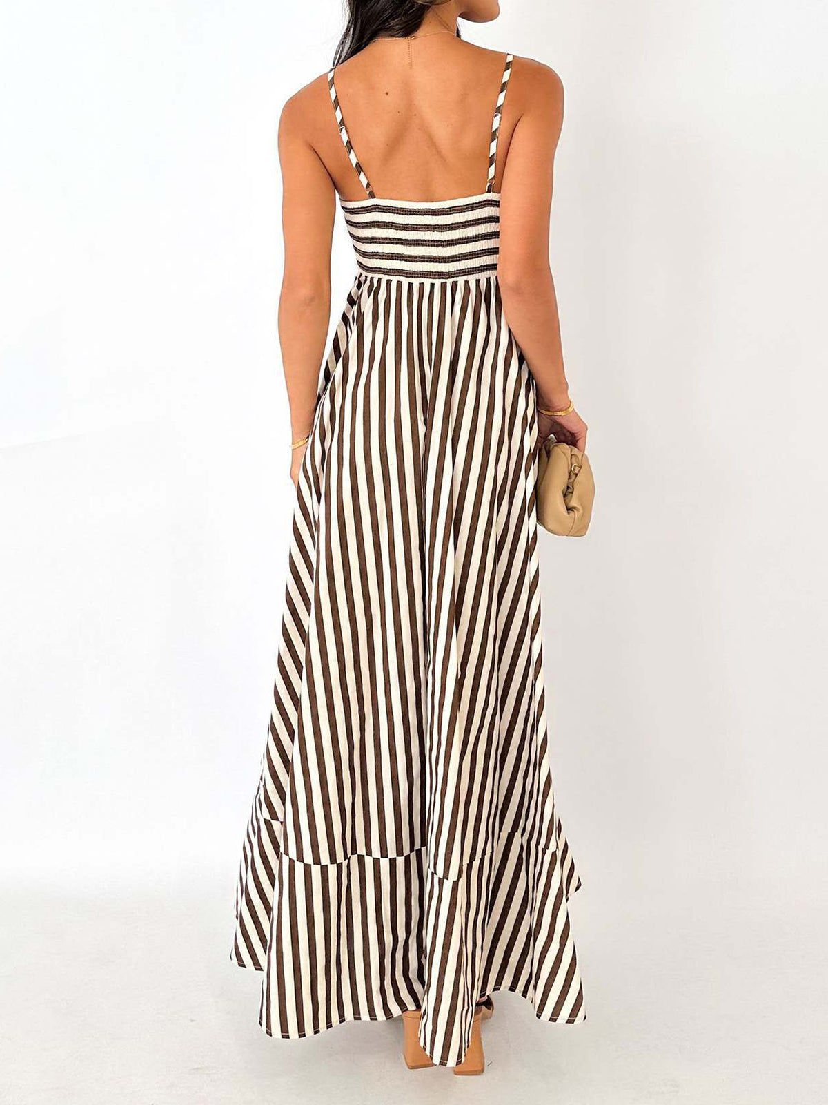 Maxi dress brown and white vertical stripes back view