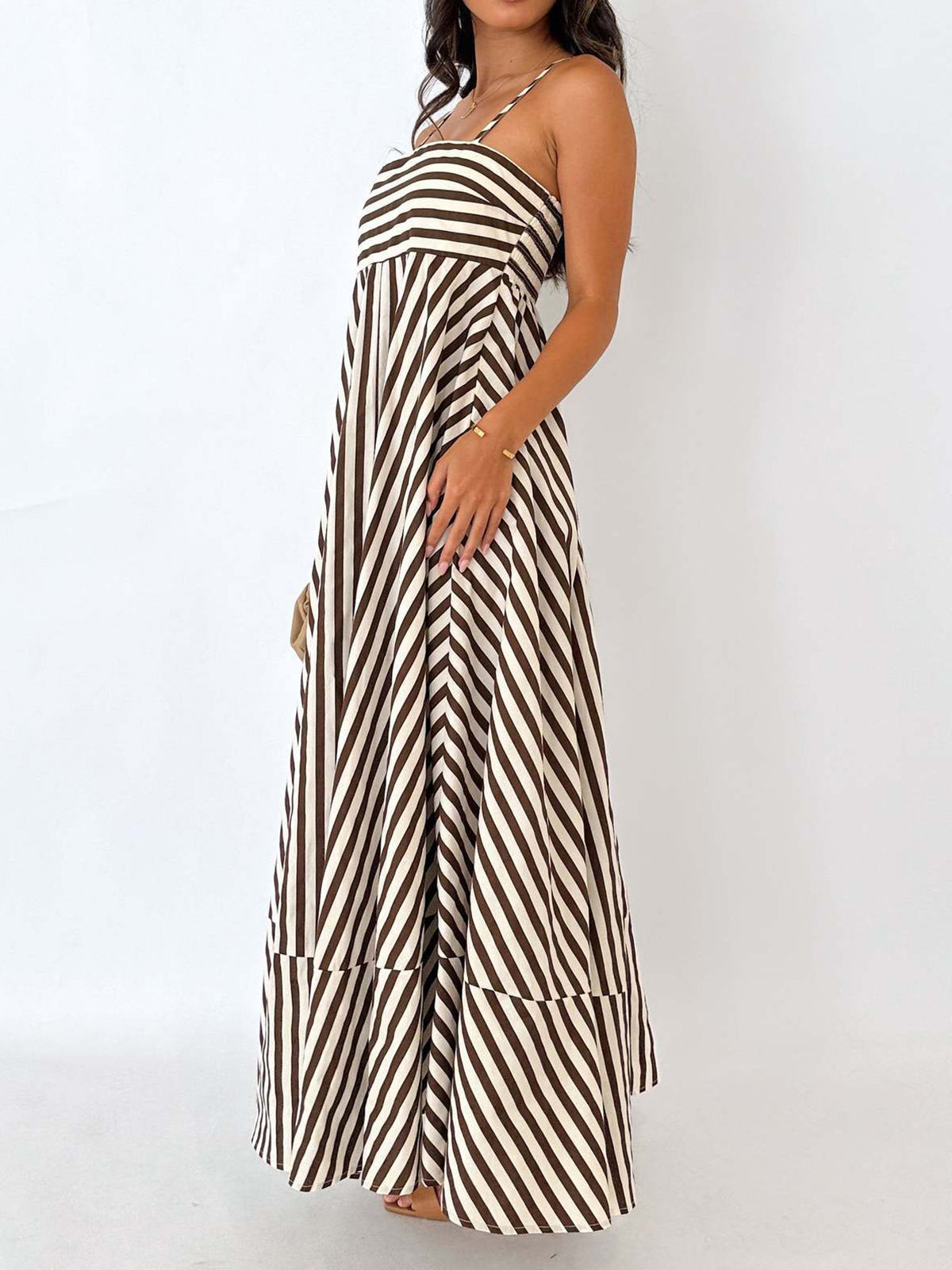 Maxi dress brown and white striped angled side view