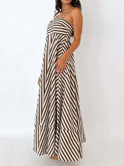 Maxi dress brown and white vertical stripes angled side view