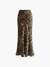 Leopard print maxi skirt with draped detail front view