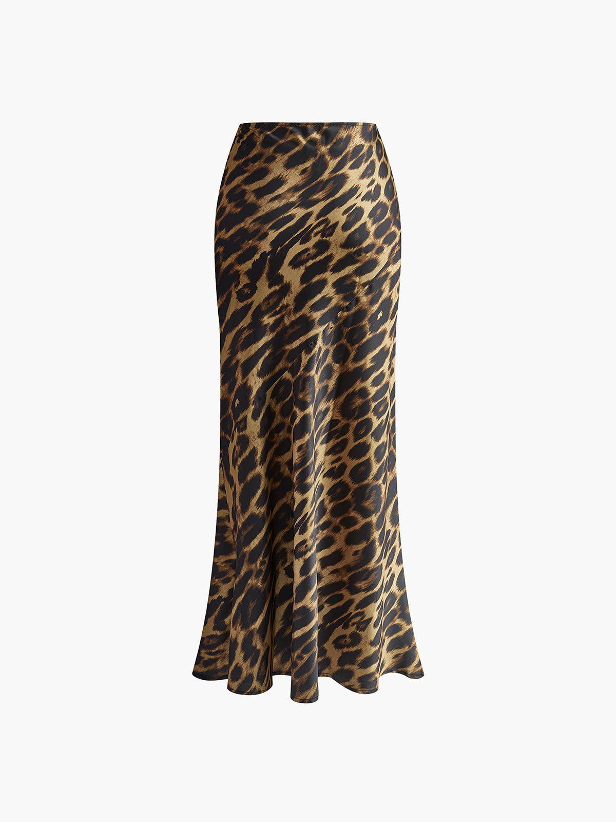 Leopard print maxi skirt with flared hem and side slit front view