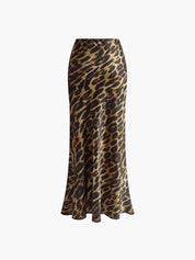 Leopard print maxi skirt with flared hem and side slit front view