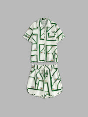 Loungewear set white with green pattern flat lay