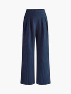 Navy pinstripe wide-leg trousers front view