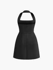 Mini-jurk zwart met halterhals en open rugachterzijde