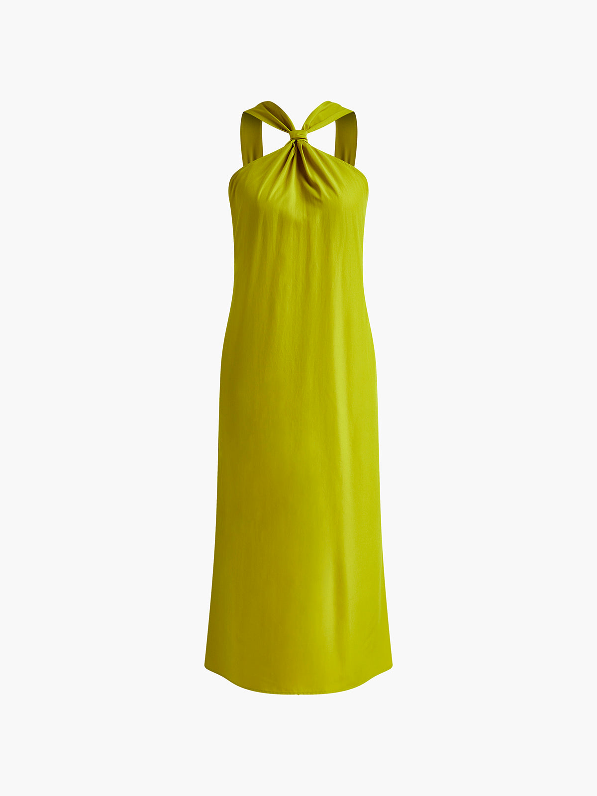 Green cocktail dress with knot neckline, front view