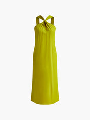 Green cocktail dress with knot neckline, front view