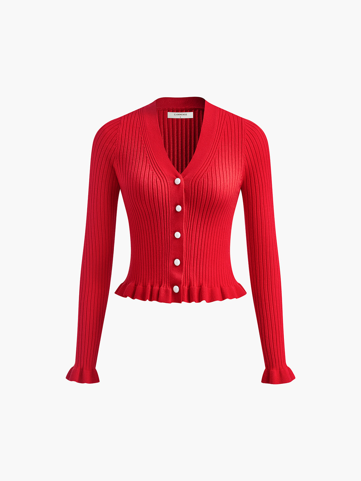 Red ribbed cardigan with white buttons front detail