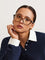 Glasses with tortoiseshell pattern worn by model, front view