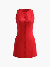 Red sleeveless dress with buttons front view plain background