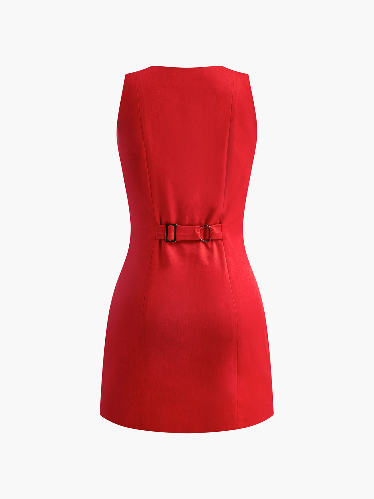 Red sleeveless dress with buttons back view plain background