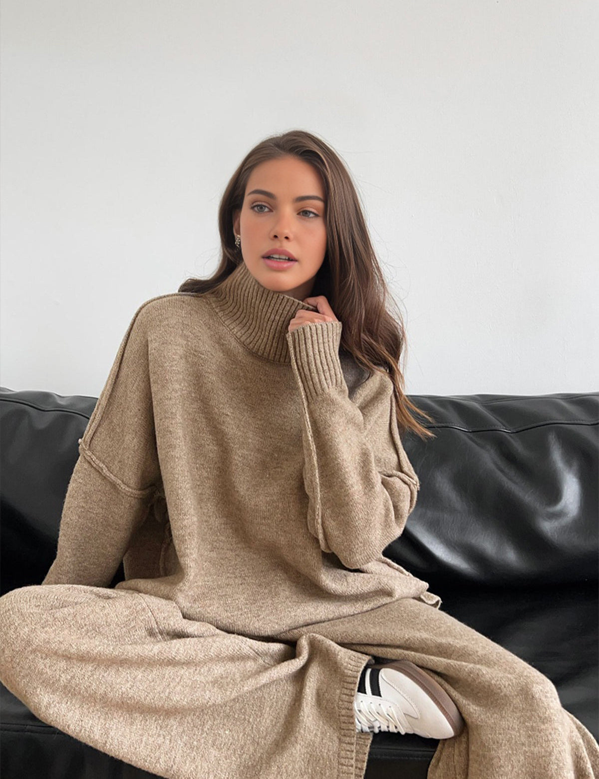 Beige knit sweater and pants set front view