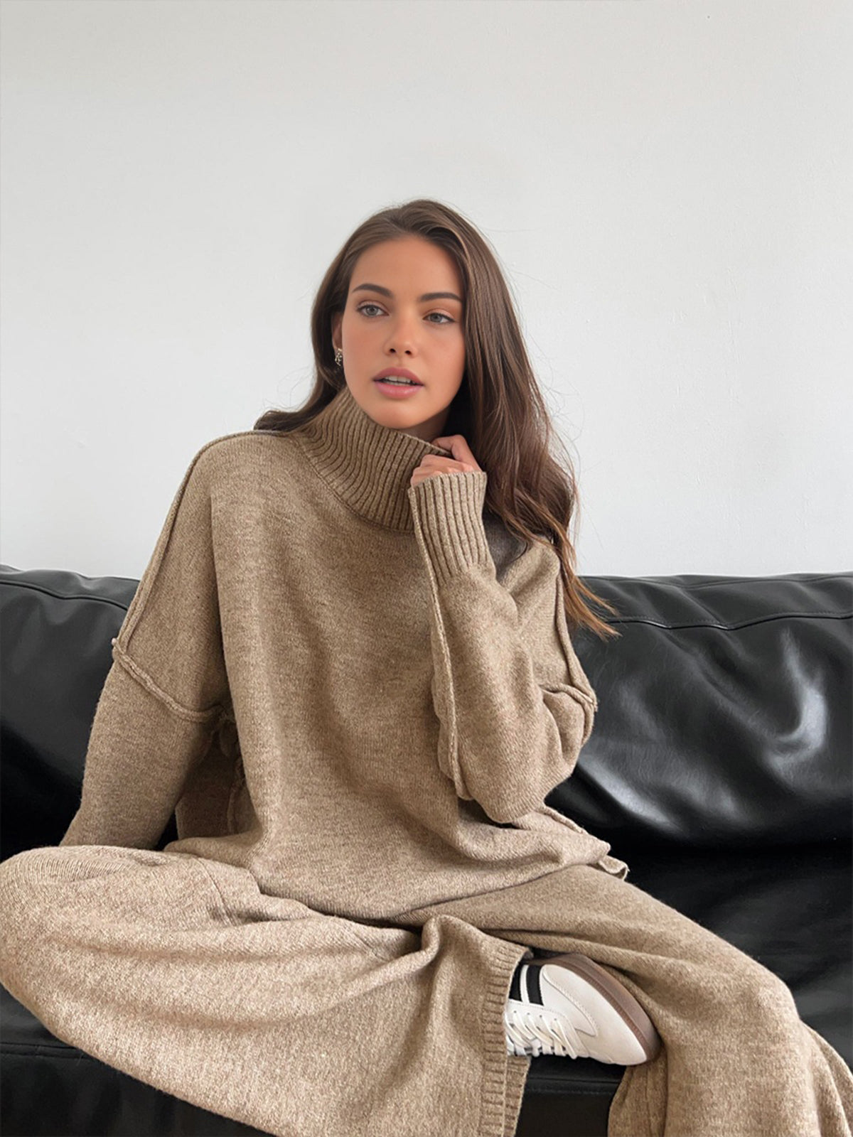 Beige knit sweater and pants set front view