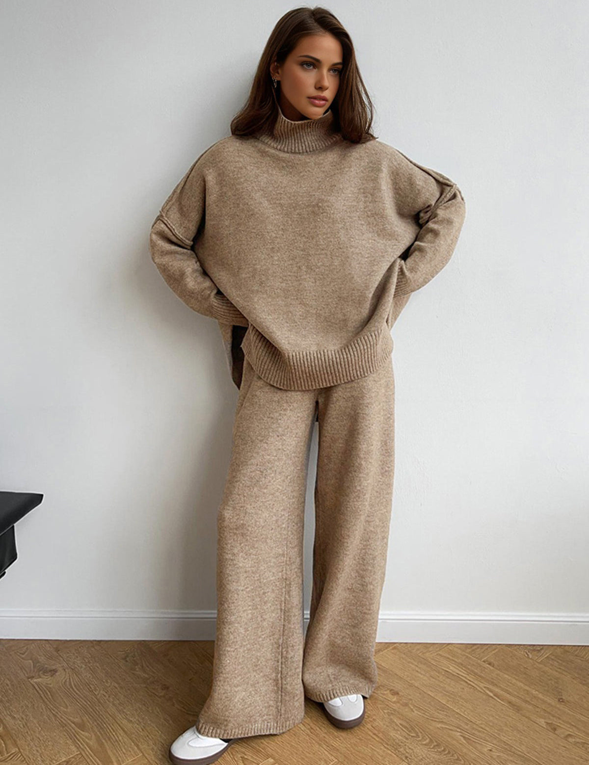 Beige knit sweater and pants set full body view