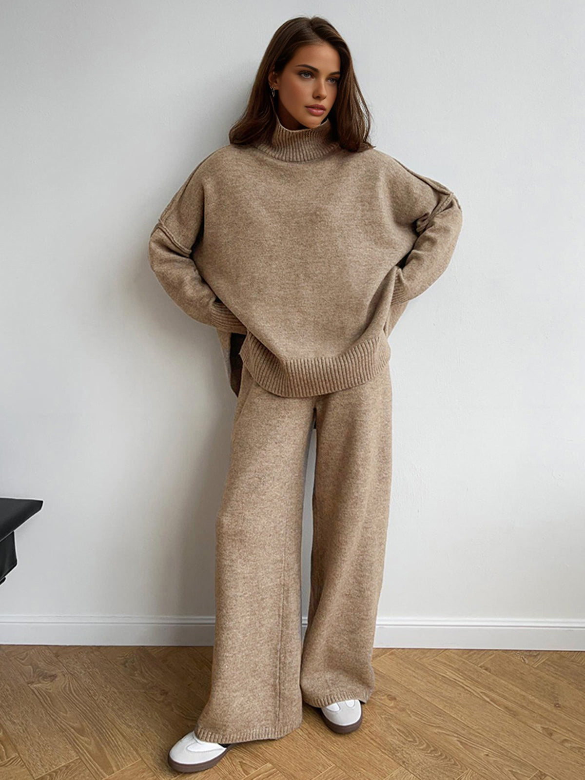 Beige knit sweater and pants set full body view