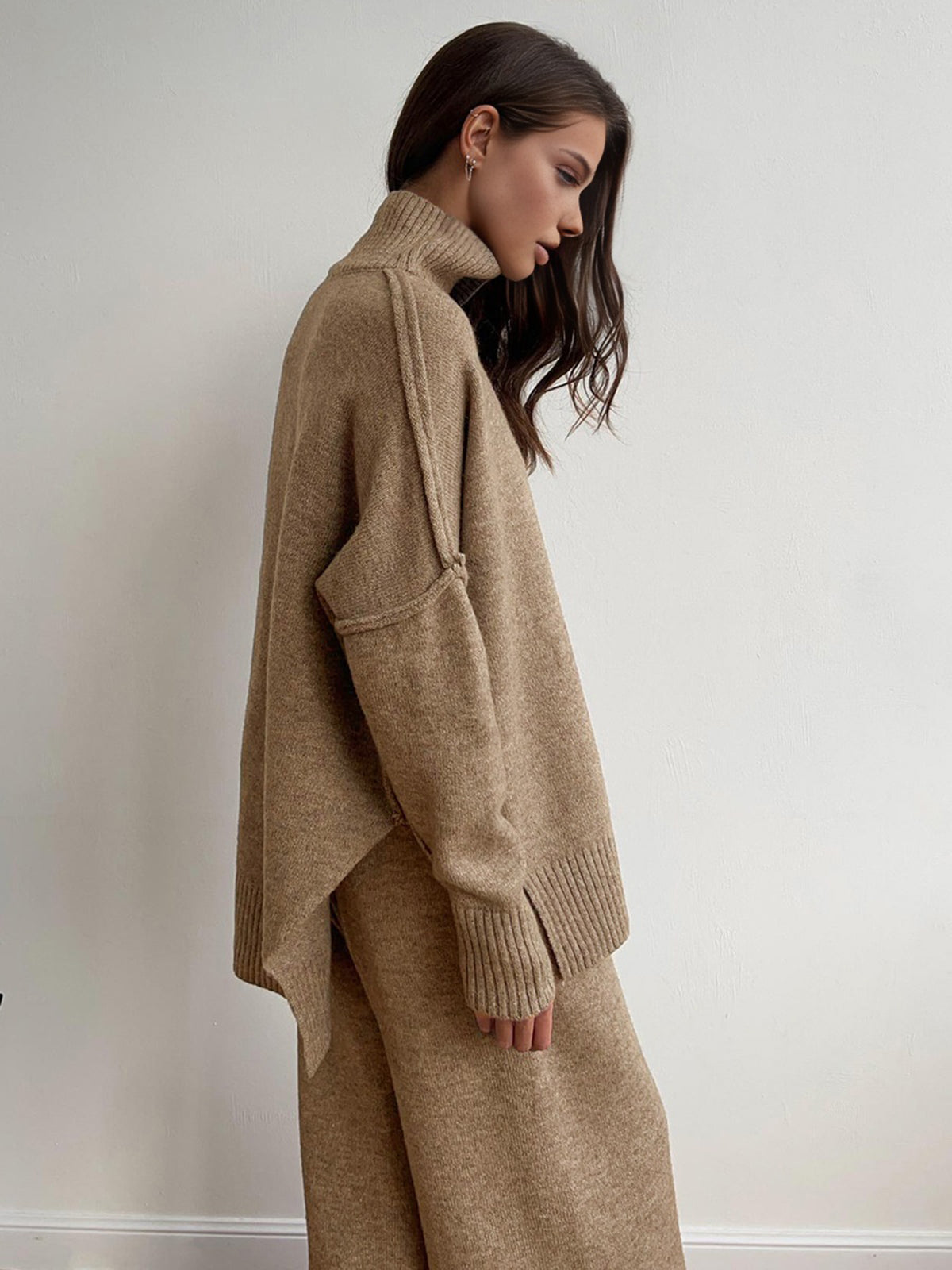 Beige knit sweater and pants set side profile view