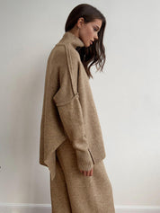 Beige knit sweater and pants set side profile view