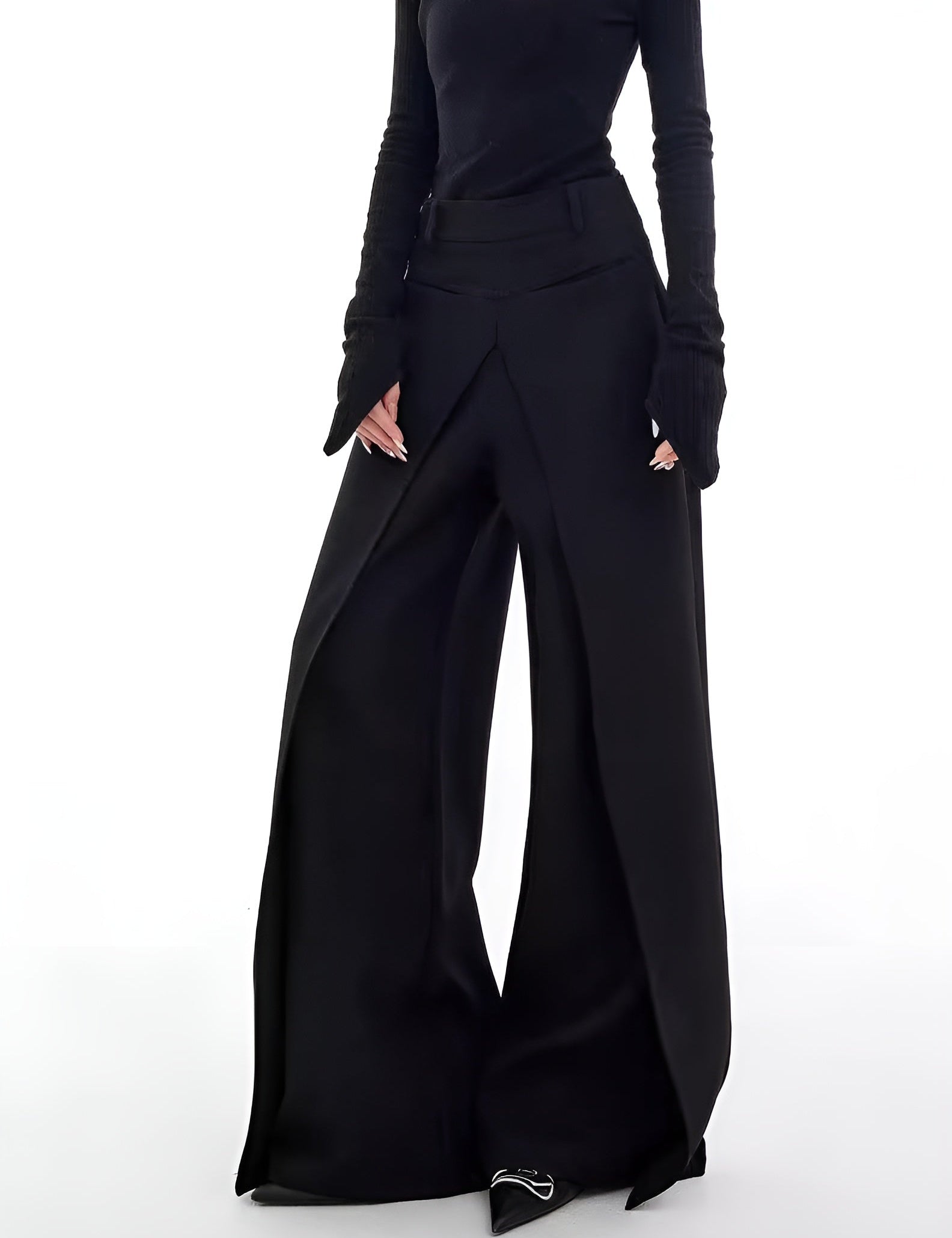 Black wide-leg pants with split detail front view