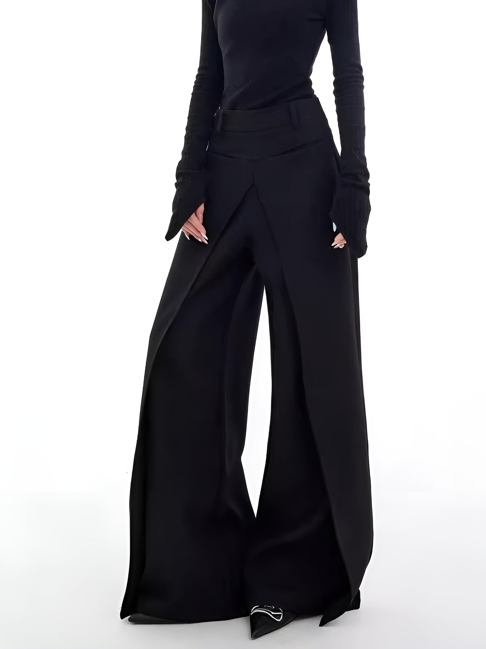 Black wide-leg pants with split detail front view