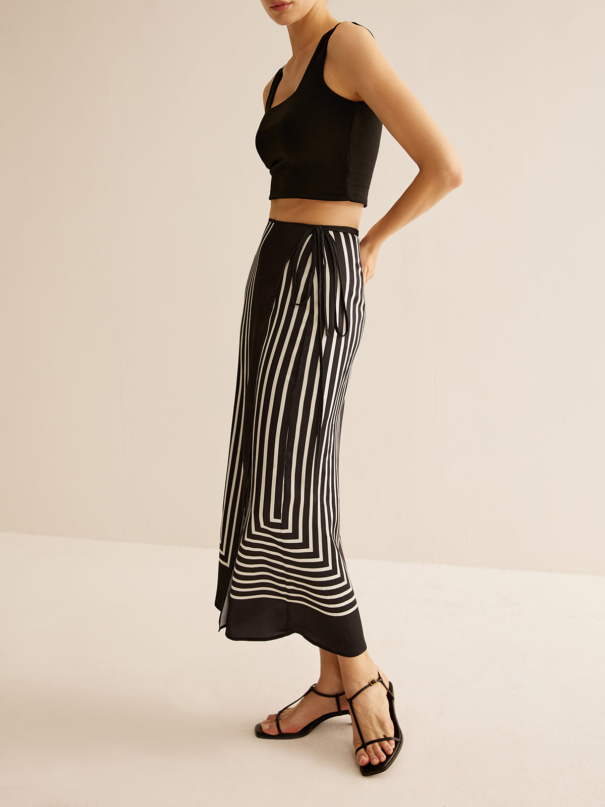 Maxi skirt black and white striped angled front view