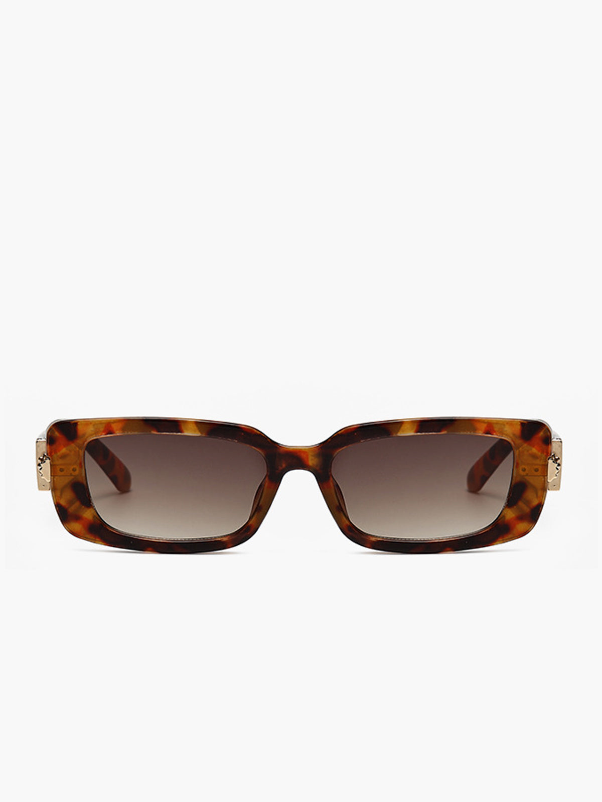 Brown tortoiseshell sunglasses with gold hinge detail, angled view