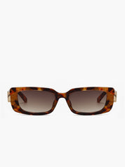 Brown tortoiseshell sunglasses with gold hinge detail, angled view