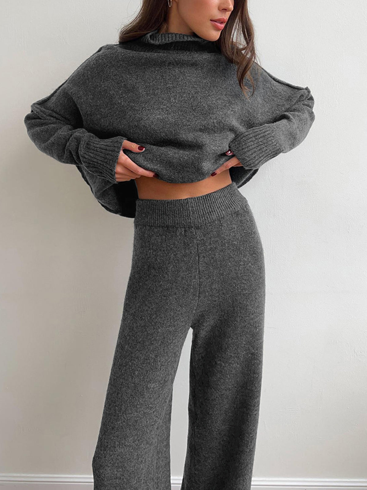 Gray knit sweater and pants set front view