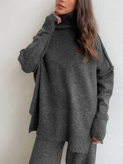 Gray knit sweater and pants set side profile view