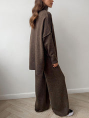 Brown knit sweater and pants set side profile view