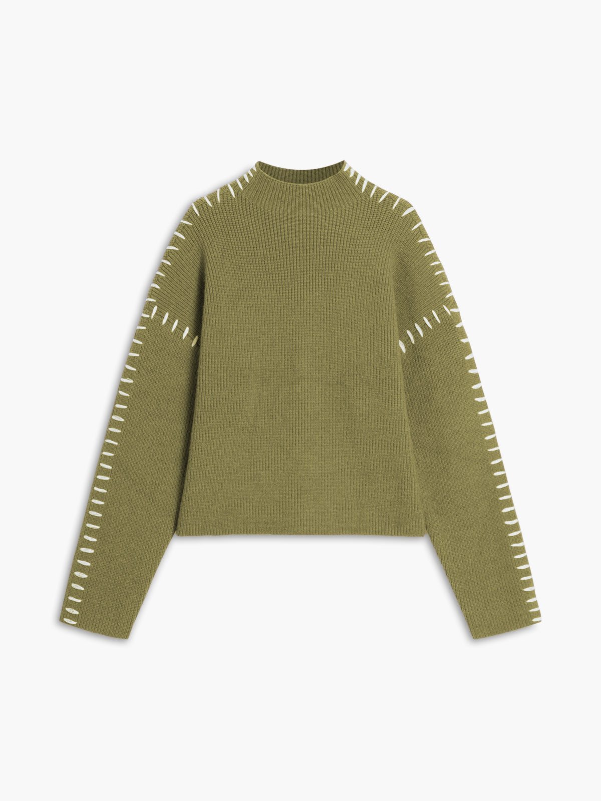 Olive green ribbed sweater with white dotted trim front view
