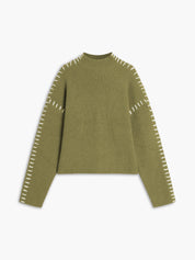 Olive green ribbed sweater with white dotted trim front view