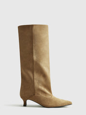Brown suede knee-high boots side view