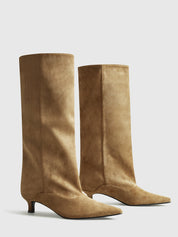 Brown suede knee-high boots front view