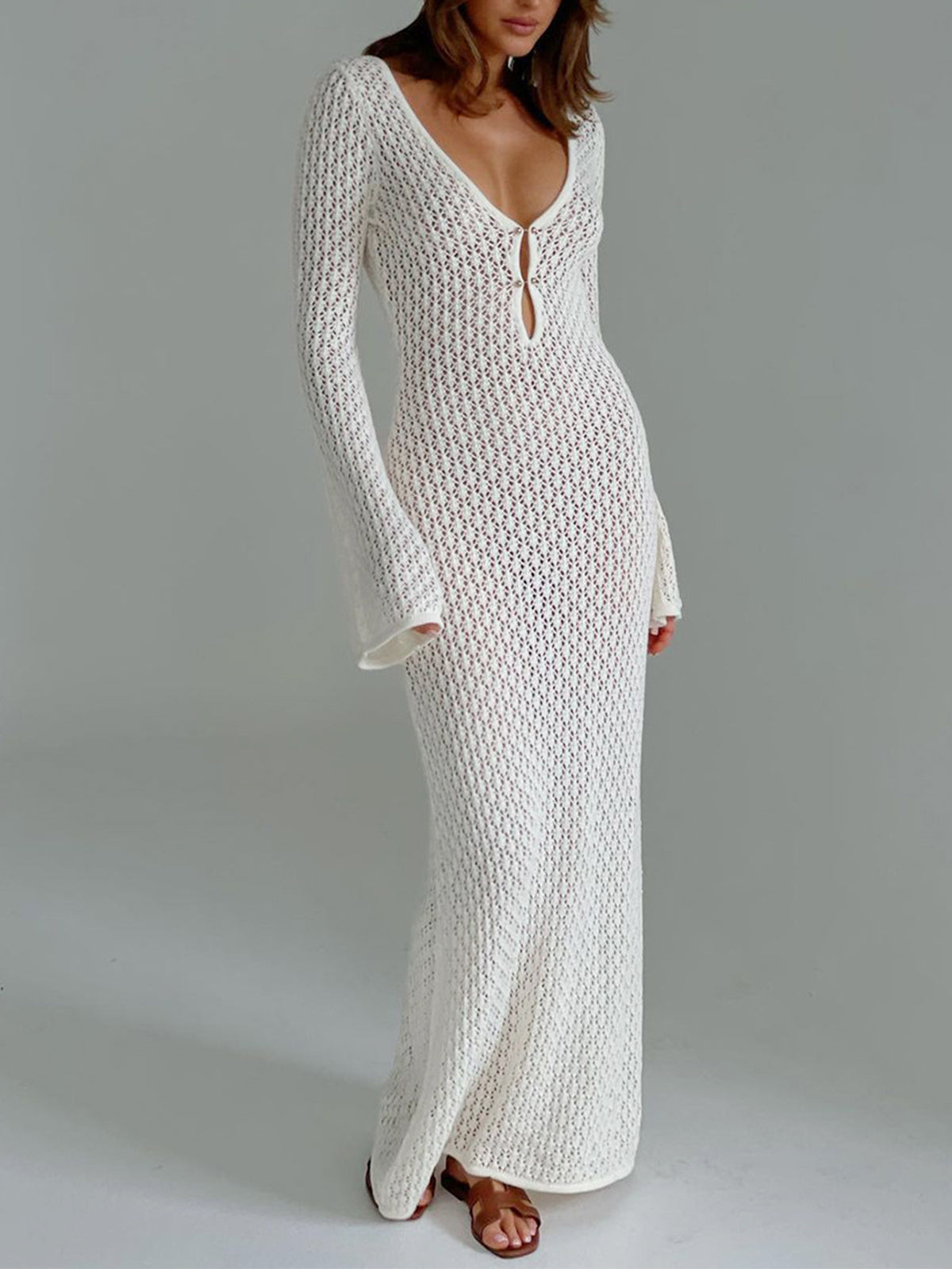 White crochet dress with bell sleeves front view