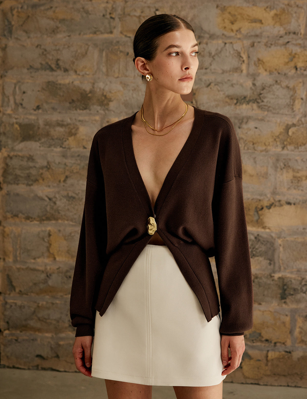 Brown cardigan with gold button front view