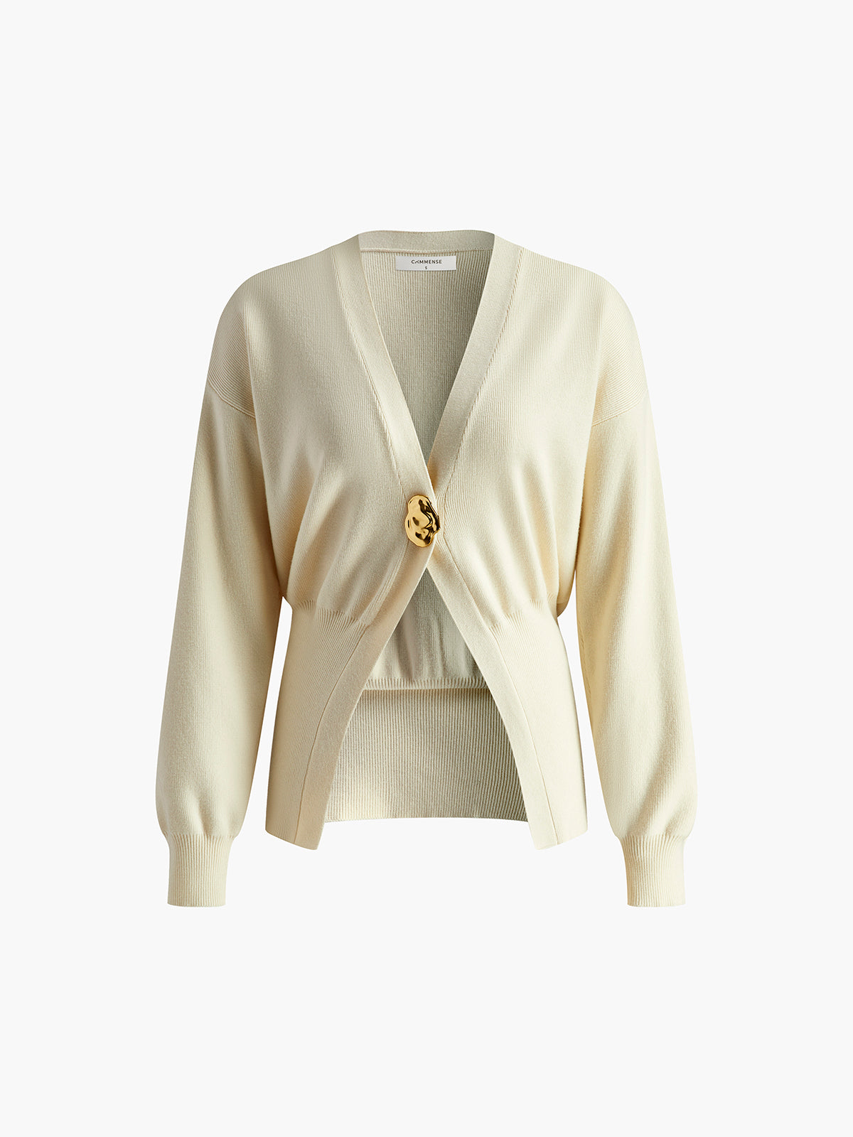 Cream cardigan with gold button front view