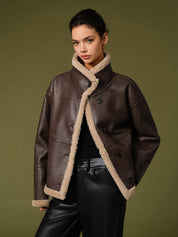 Aviator jacket brown with beige sherpa lining angled front view