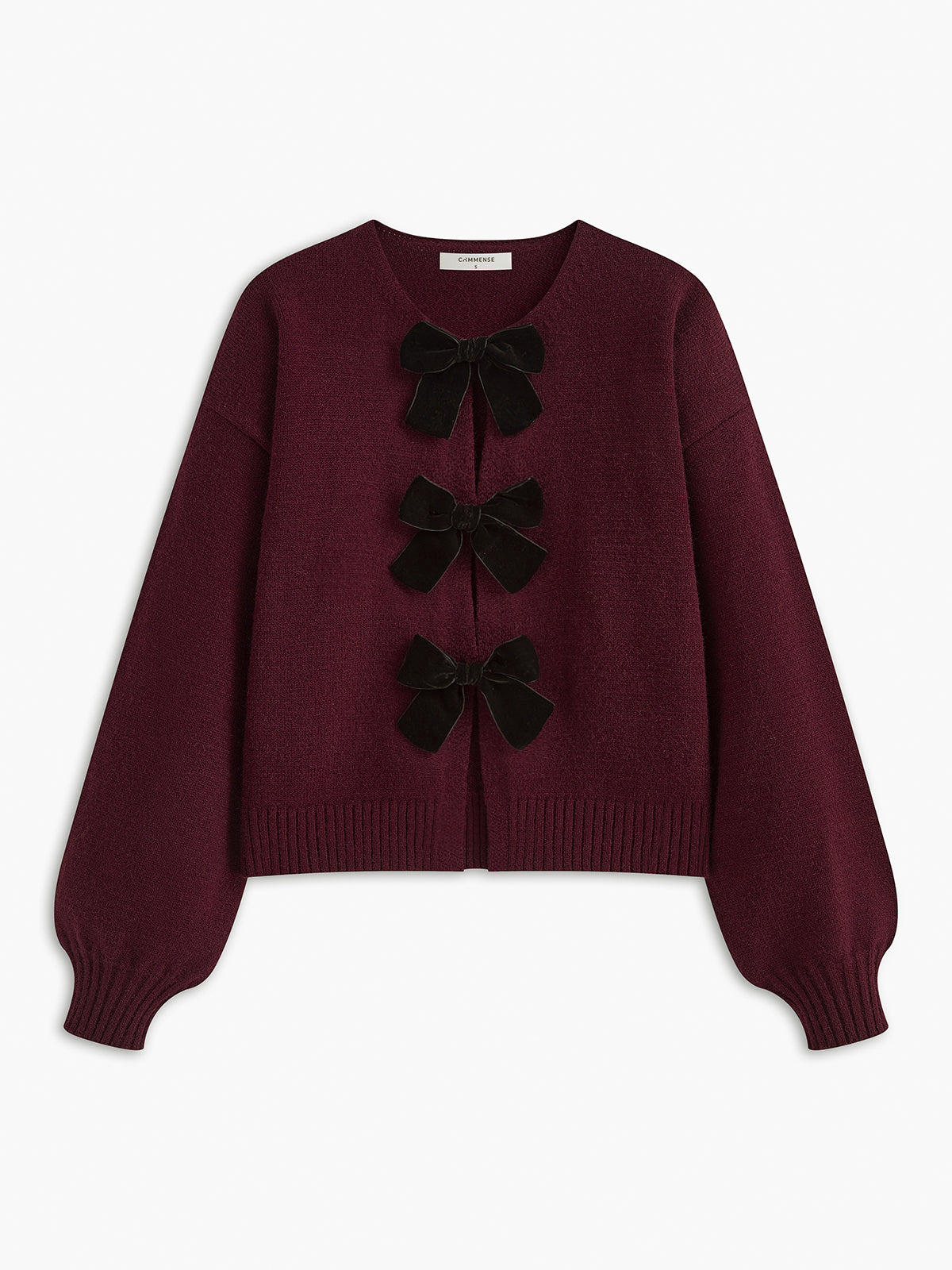 Cardigan burgundy with black velvet bows front view plain background