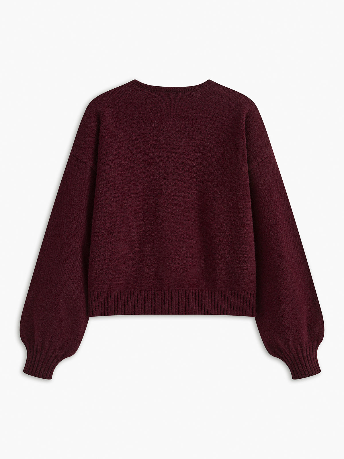 Cardigan burgundy with black velvet bows back view plain background