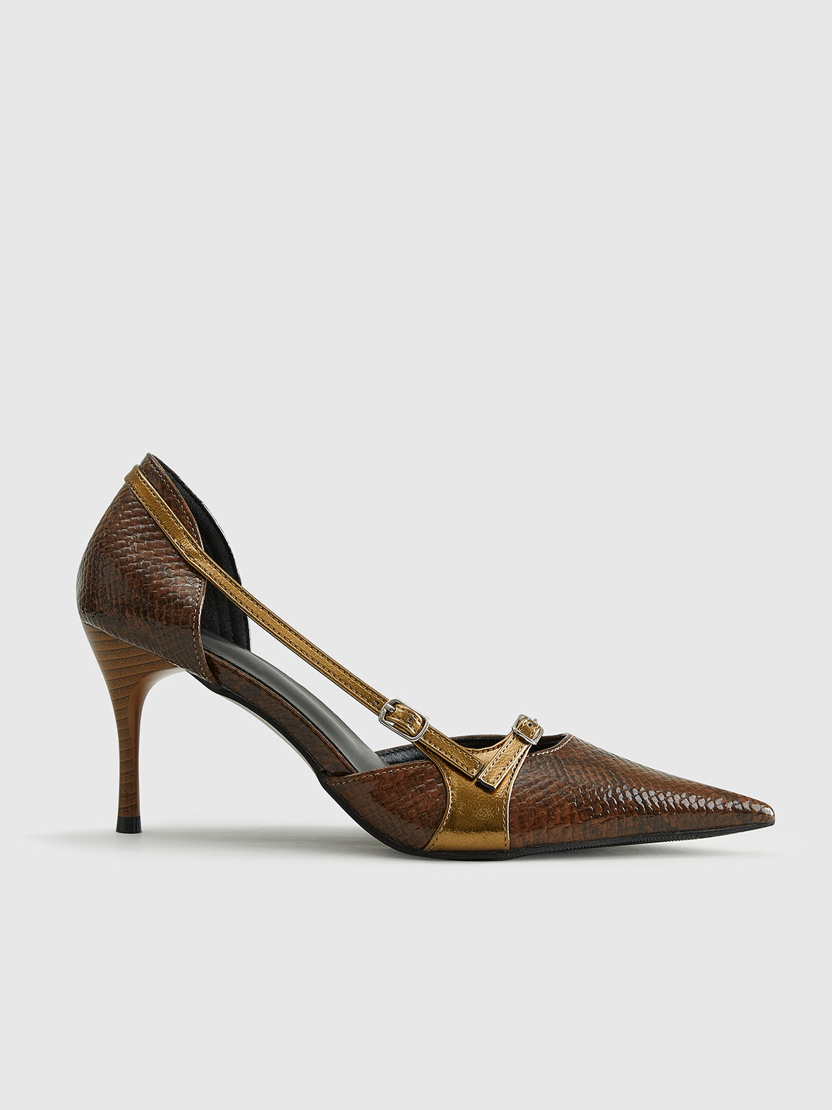 Brown snake print pumps side view