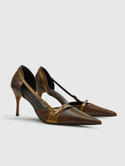 Brown snake print pumps front view