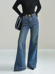 High-waisted wide-leg jeans blue front view