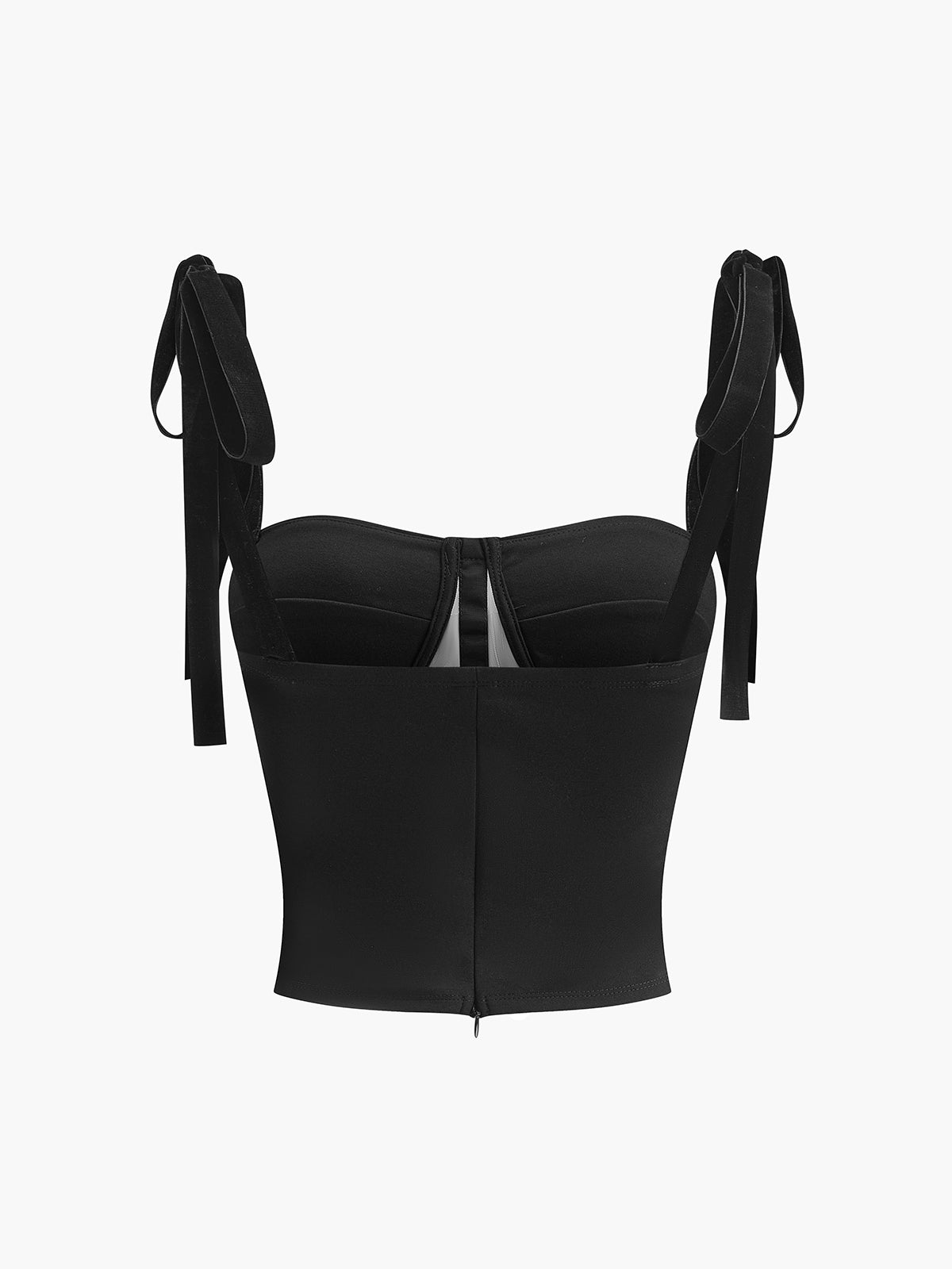 Bustiertop zwart mesh met strikbandjes vooraanzicht