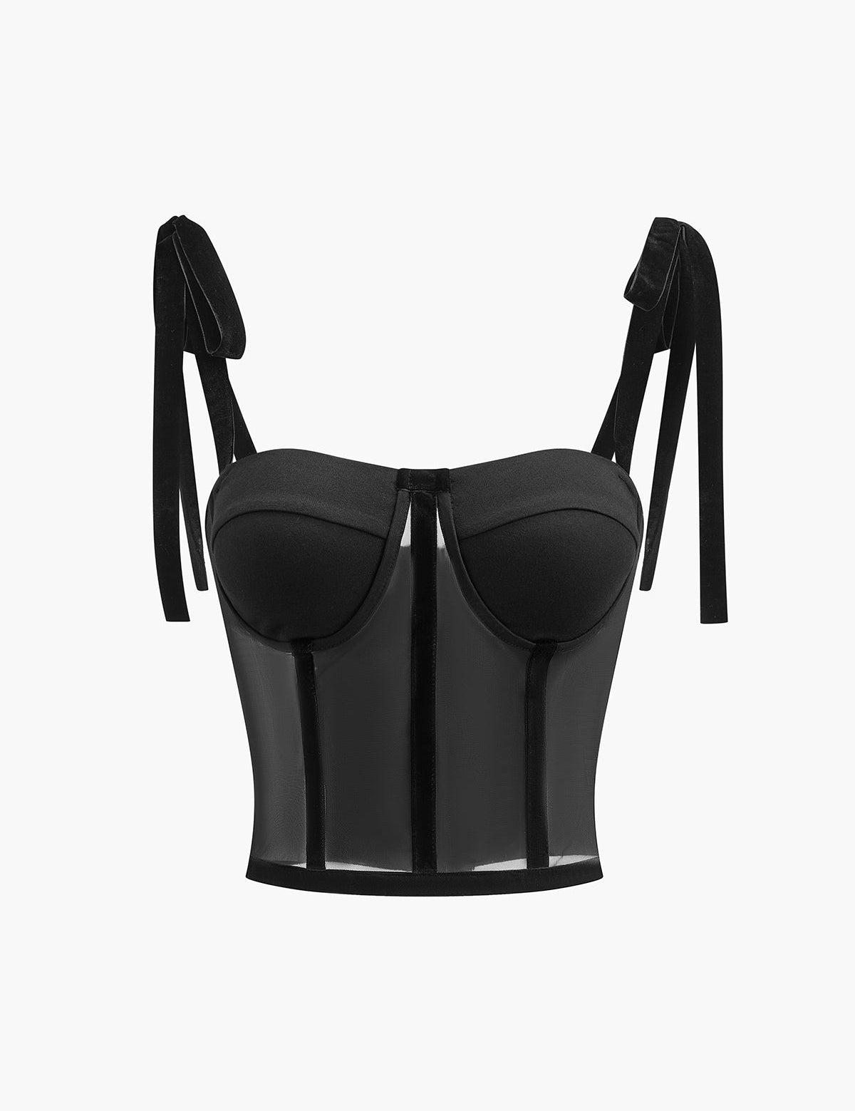 Bustiertop zwart mesh met strikjes opzij front view