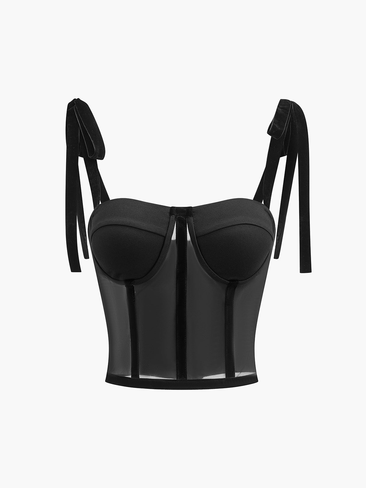 Bustiertop zwart mesh met strikjes opzij front view