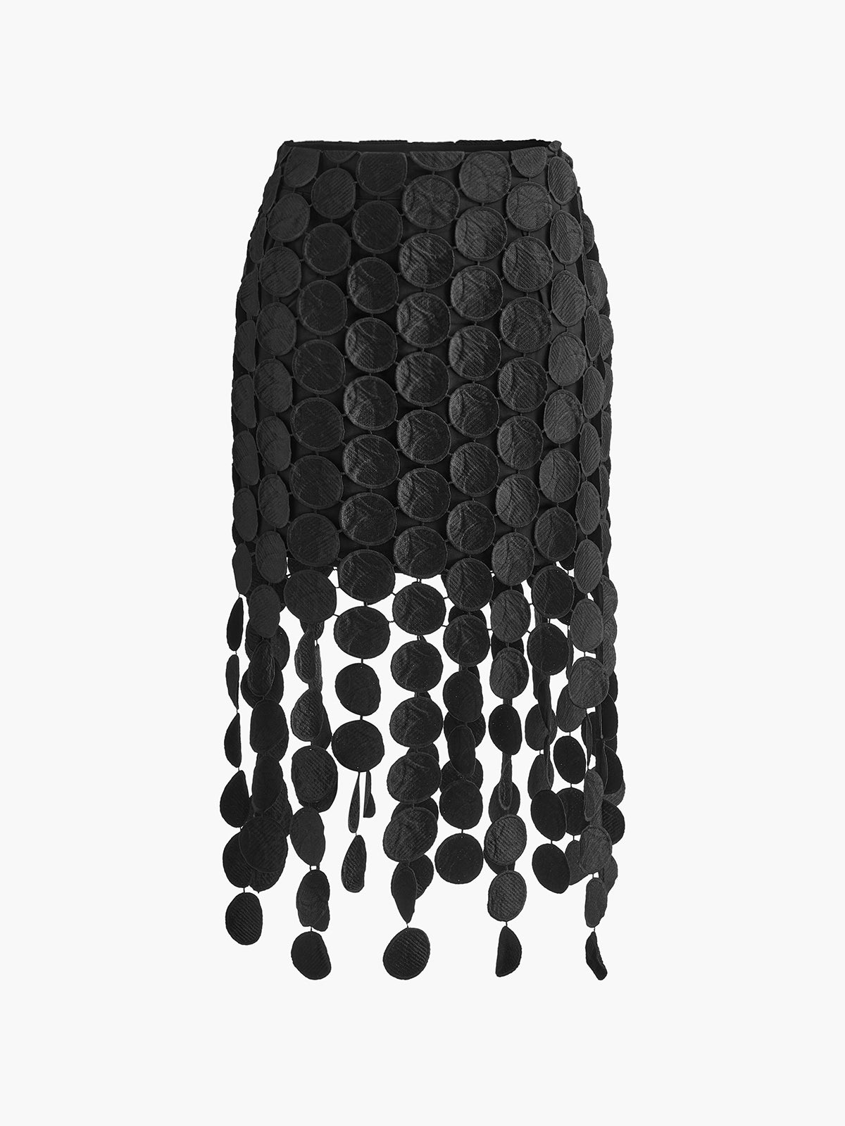 Evening skirt with circular cutouts and fringe detail, full-length view