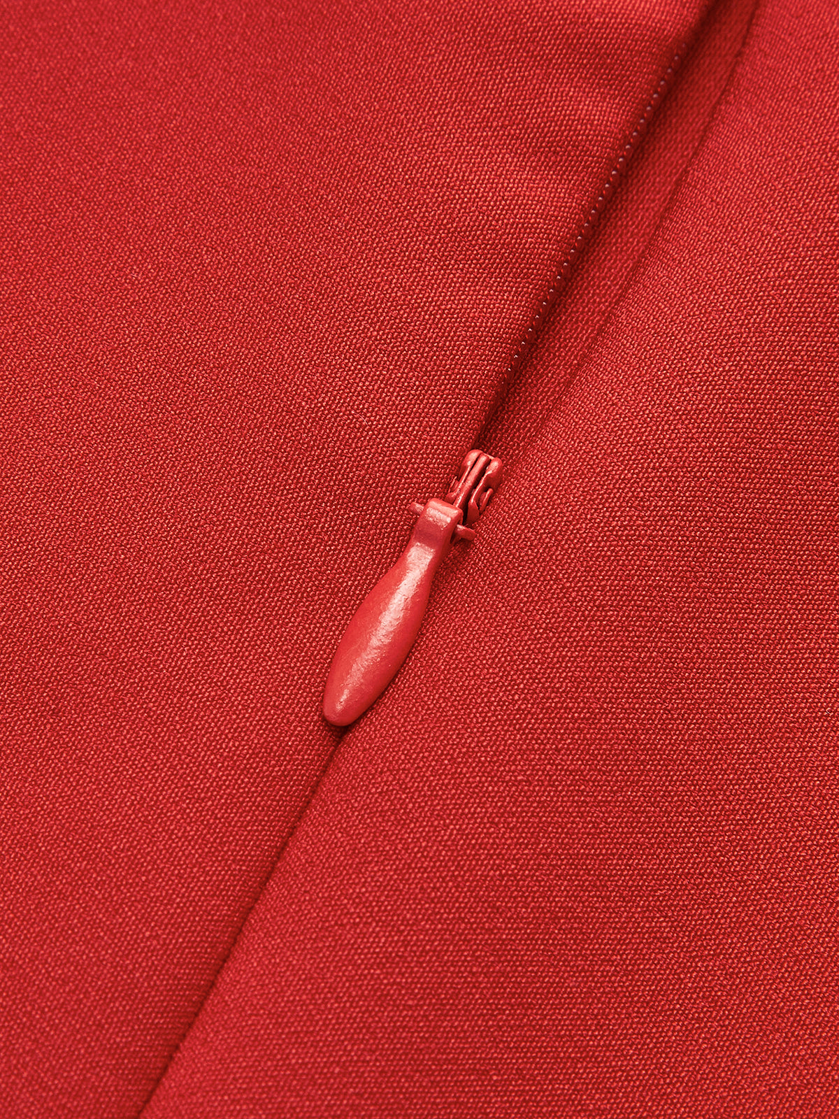 Red high-neck dress zipper detail